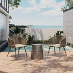 Patio Furniture Set, 3-Piece Outside Bistro Set Handwoven Rattan Wicker Chairs with Waterproof Cushions, Tempered Glass Table, Outdoor Conversation Set for Porch, Brown & Light Grey - Image 4